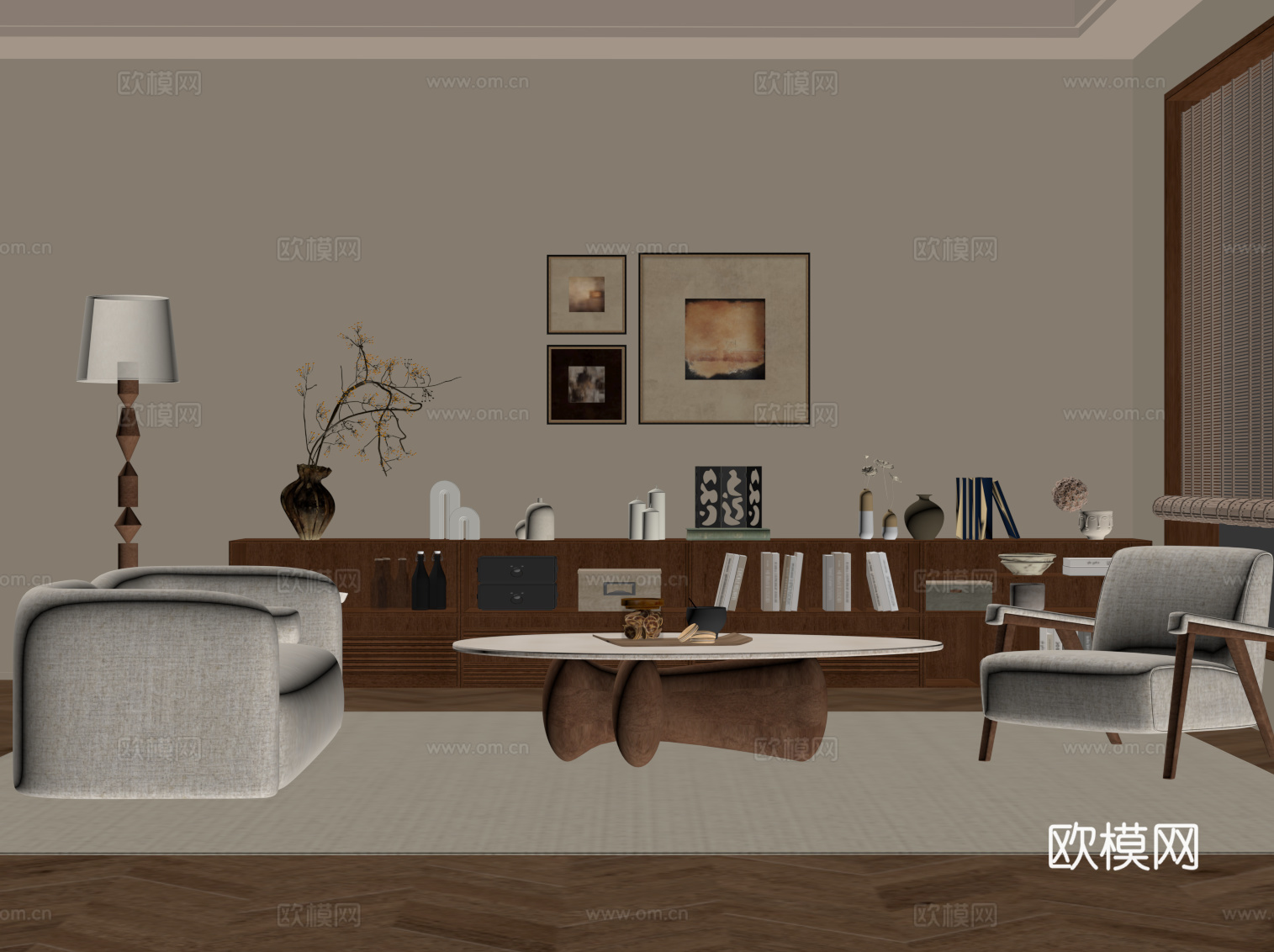 现代中古风客厅 沙发茶几组合 矮柜 书柜su模型