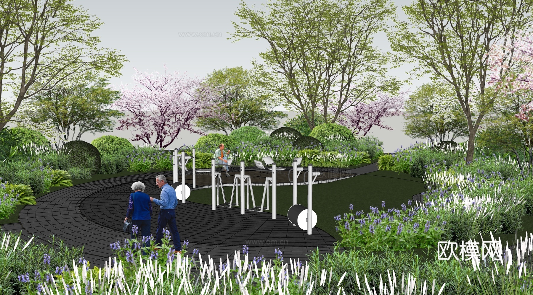 现代休憩花园公园 休憩花园 老年康养乐园 植物花境 植物组团su模型