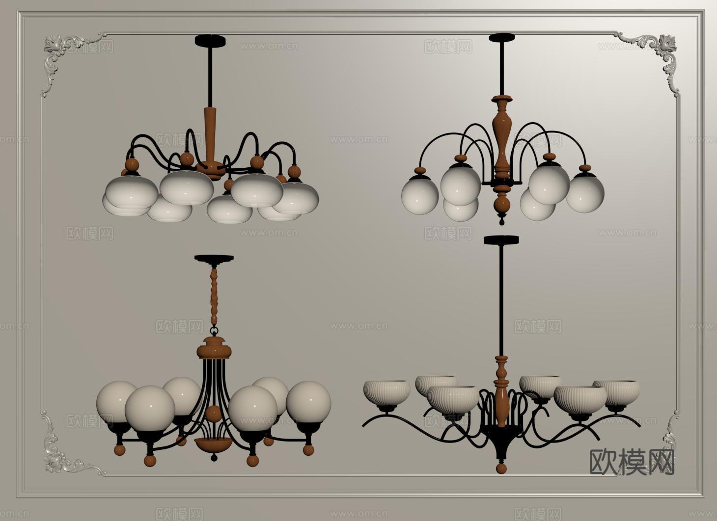 法式复古风吊灯 客厅主灯 卧室吊灯 木质金属吊灯su模型