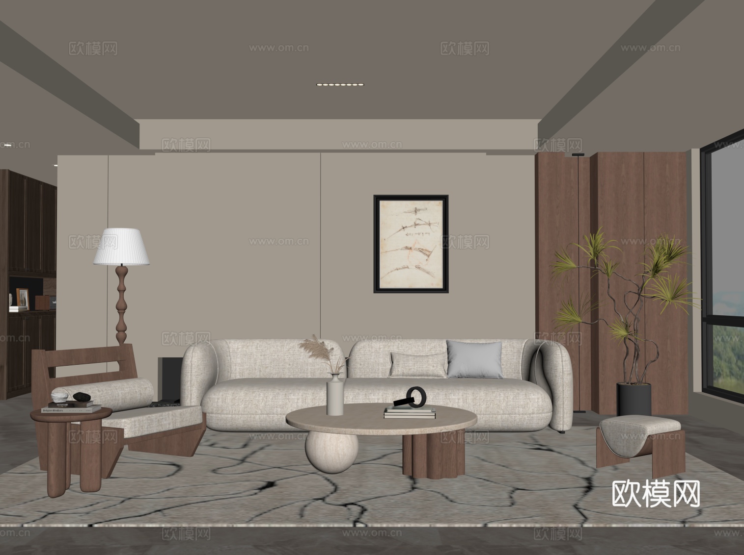 现代中古风客厅 沙发茶几组合 背景墙su模型