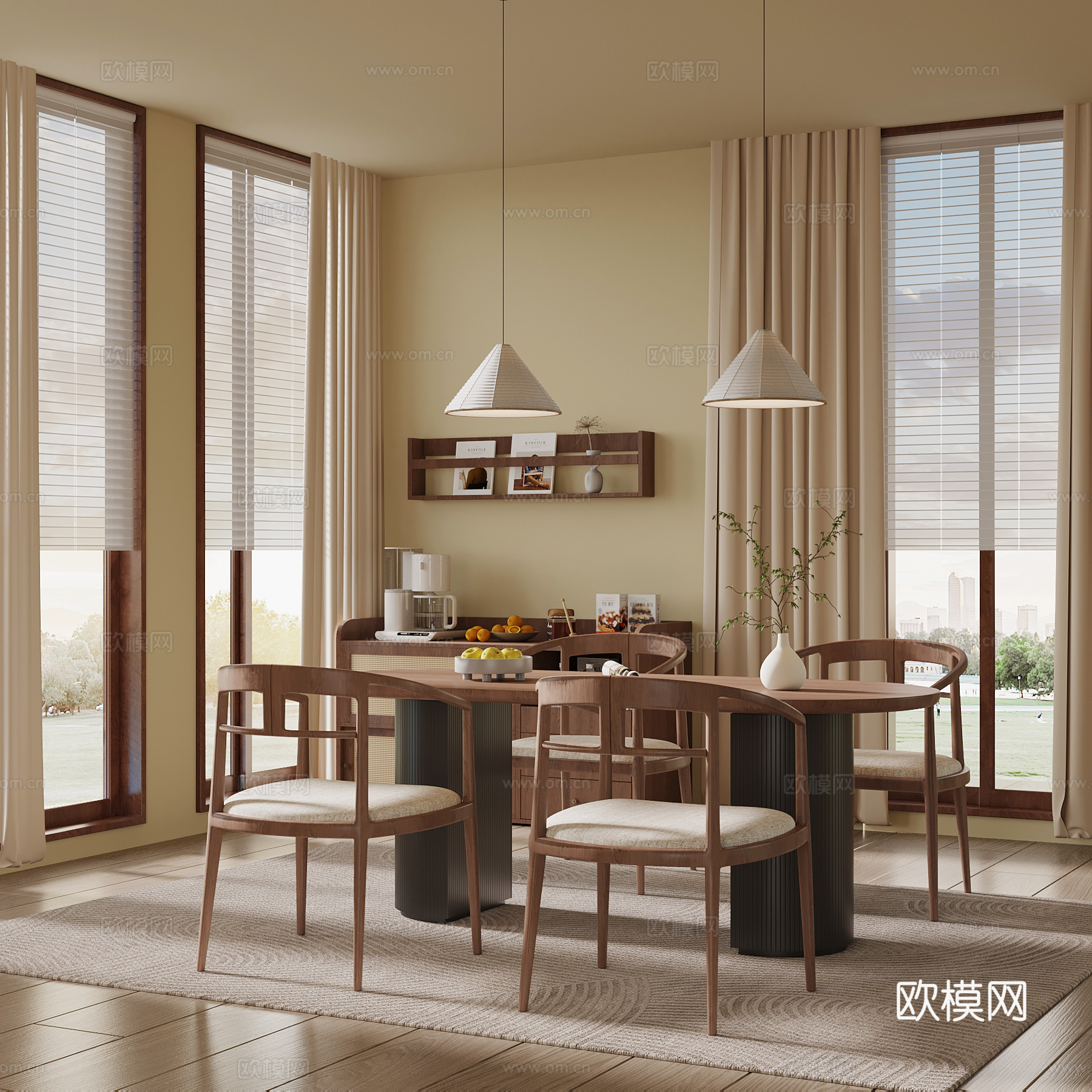 现代中古风餐厅 餐桌椅 餐边柜 置物架su模型