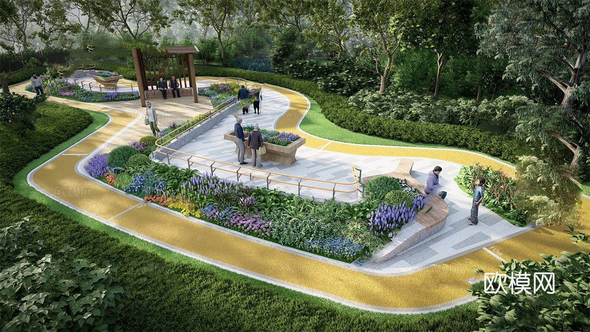 现代景观公园 老年康养小花园 适老化扶手 休闲座椅廊架su模型