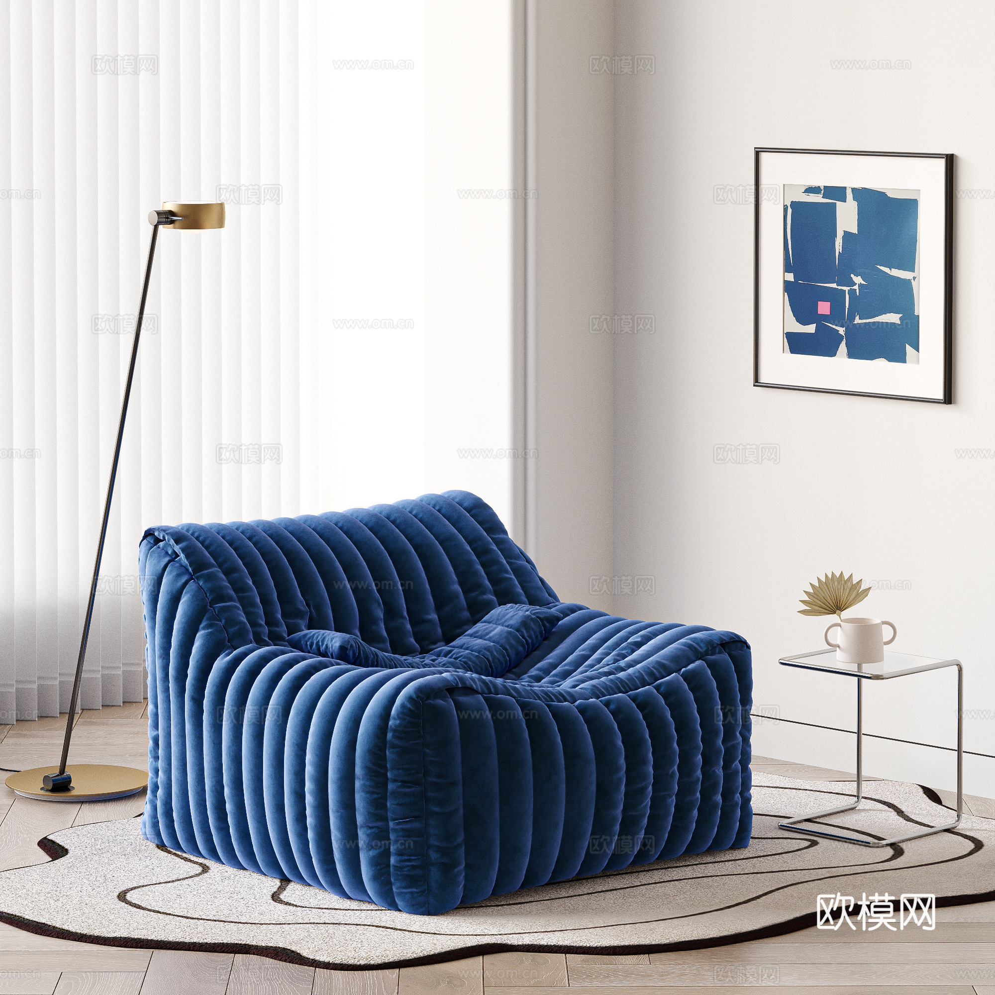 现代懒人沙发 单人沙发 克莱因蓝沙发 落地灯 边几 挂画 地su模型