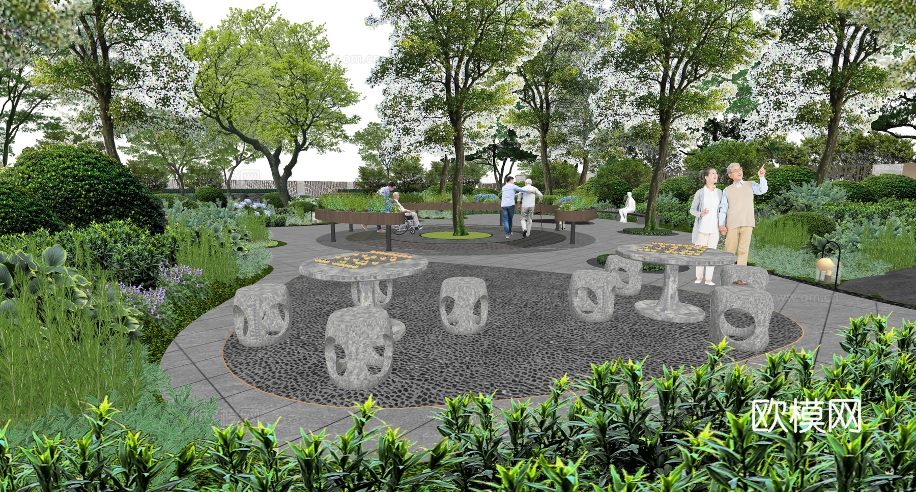 新中式老年活动公园 林下花园 老年运动区 住宅景观su模型