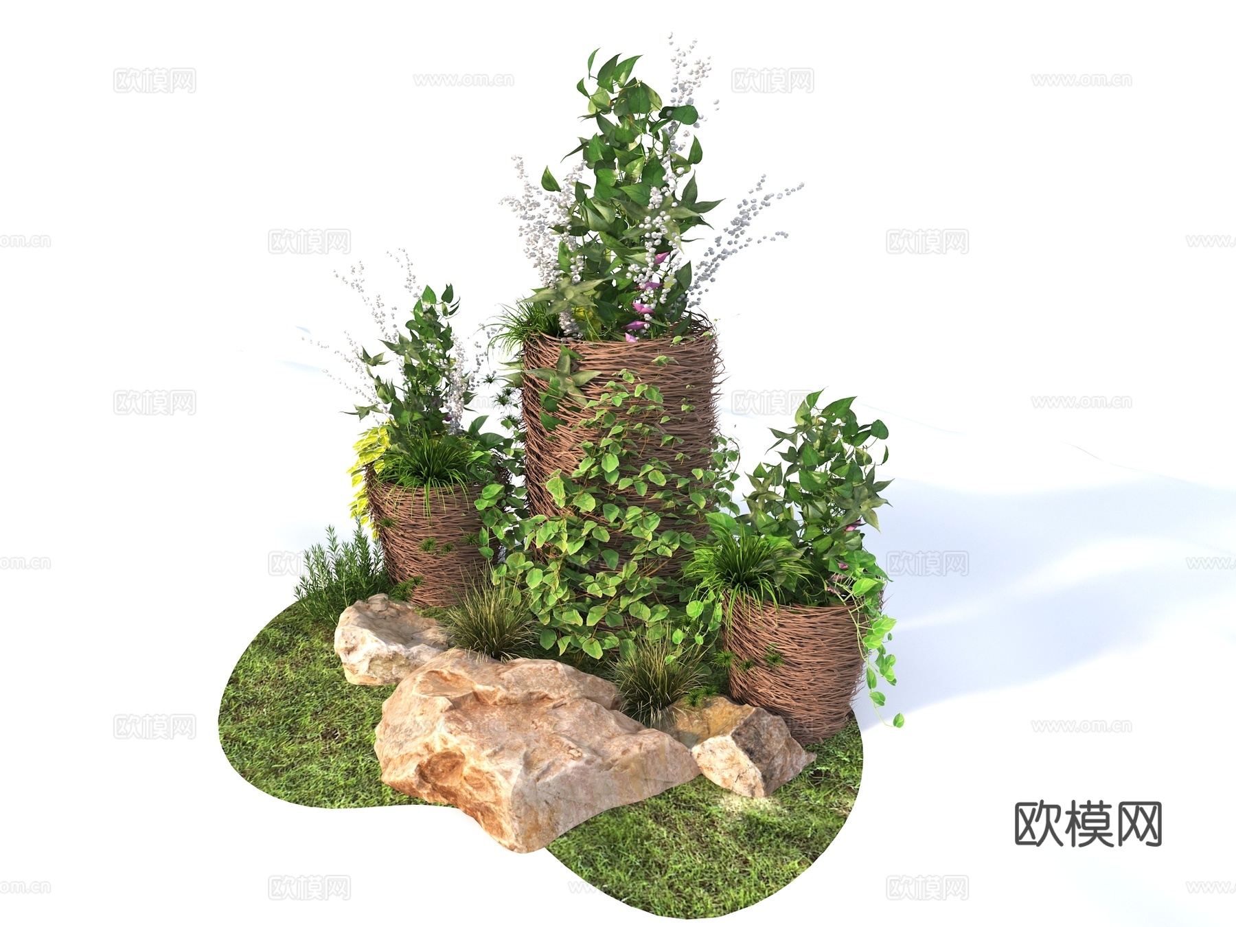 现代茅草小品 茅草花坛 茅草花盆 茅草花篮 网红打卡地su模型