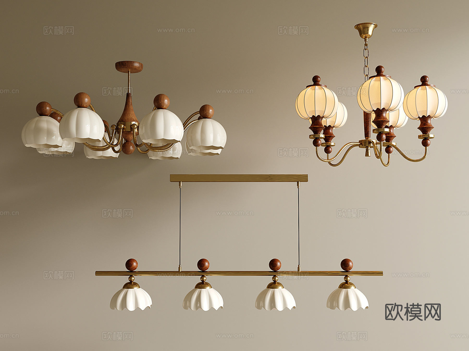法式复古客厅吊灯 客厅主灯 餐厅吊灯 木质金属吊灯 多头吊灯su模型
