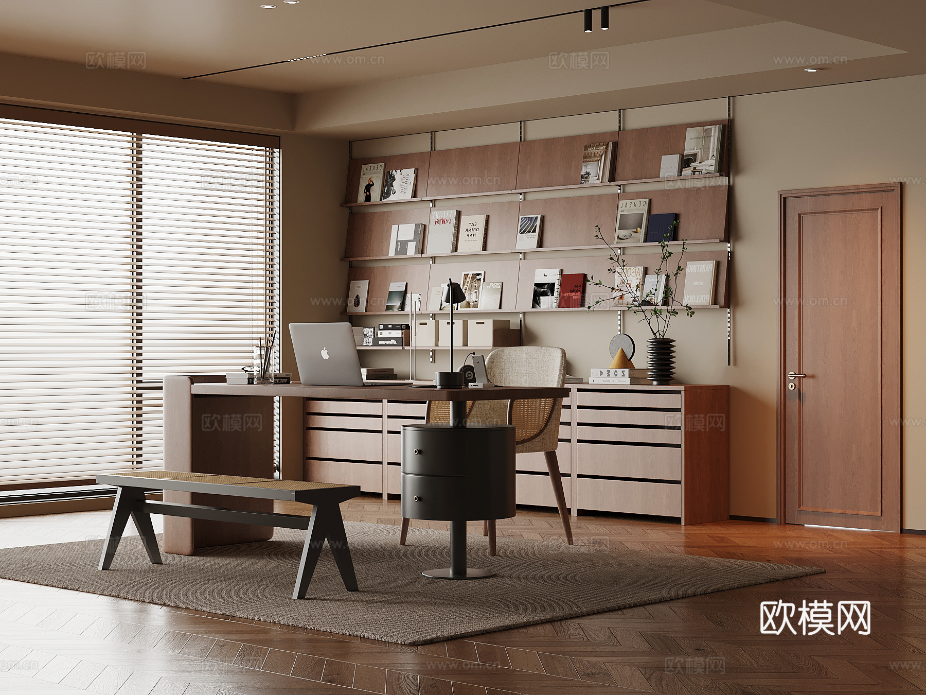 现代中古风书房 书桌椅 书柜 书架su模型
