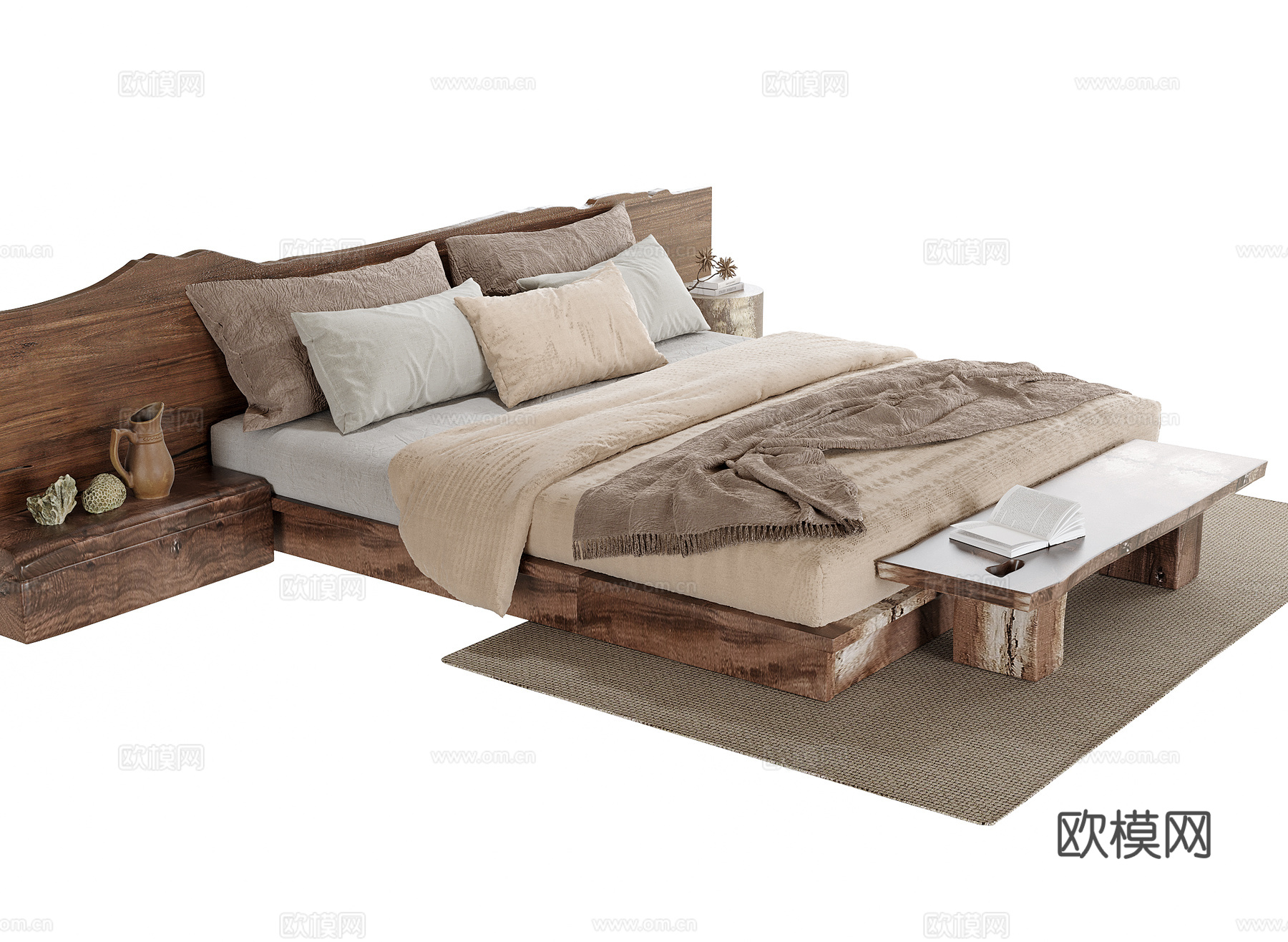 侘寂风双人床 床尾凳 床头柜3d模型