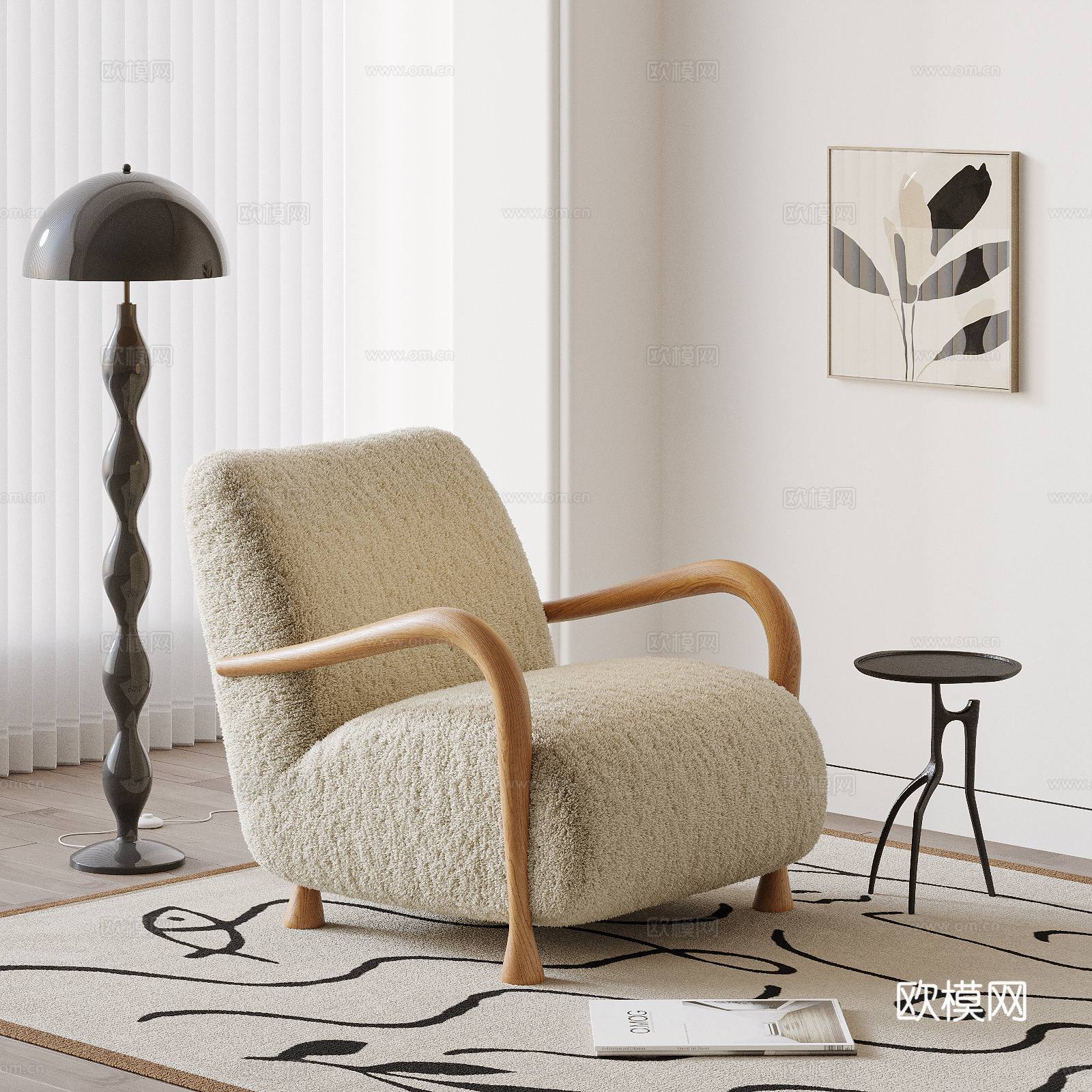 中古风毛绒单人沙发 休闲椅 沙发椅 单人沙发 边几 落地灯su模型