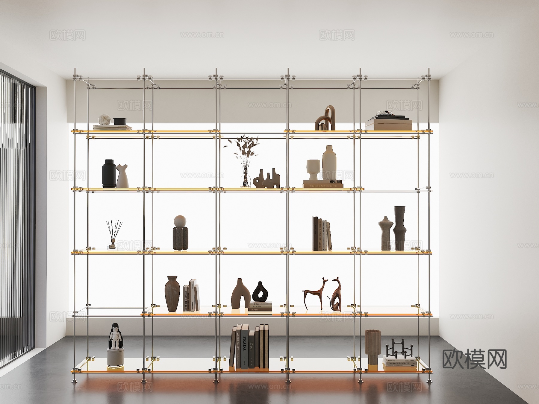 光轴书架 不锈钢光轴书架 现代书架 不锈钢置物架 轻奢书架su模型