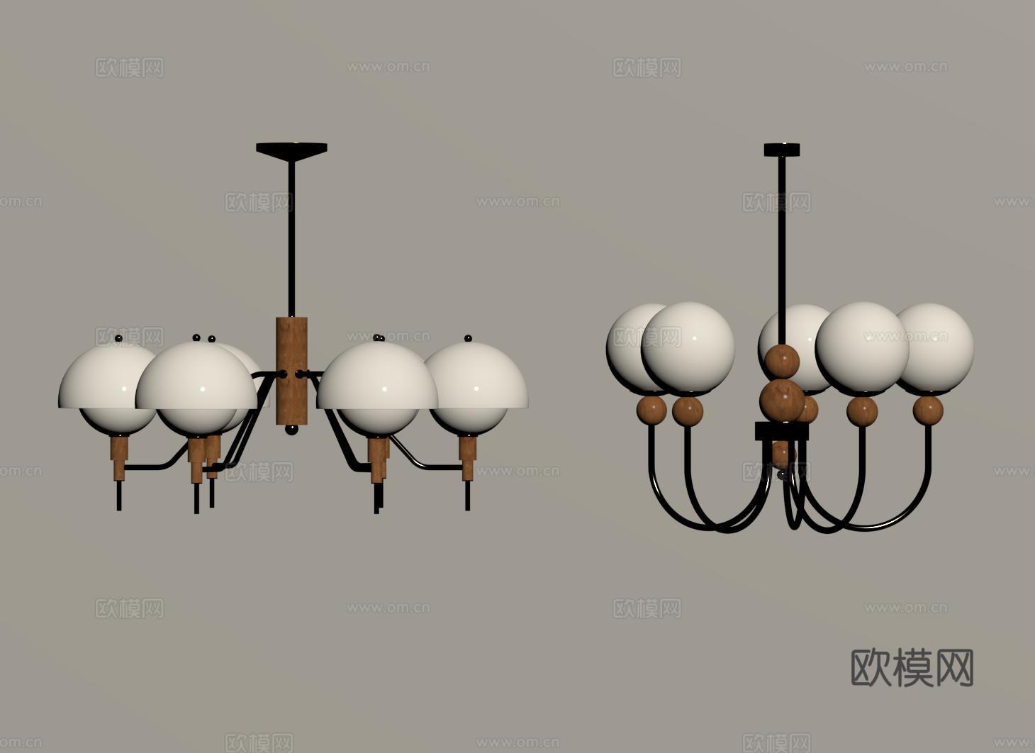 中古风圆球吊灯 餐厅吊灯 卧室吊灯 木质金属吊灯su模型