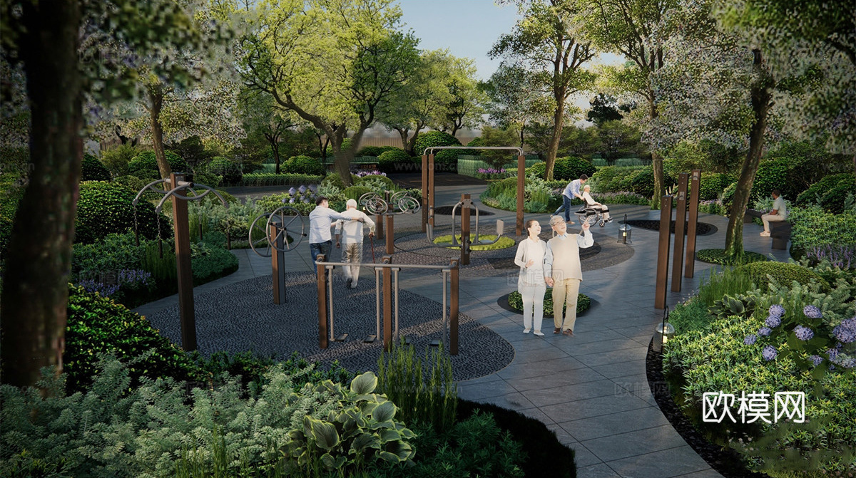 现代景观公园 健身器材 老年健身器材 老年健身区 户外健身器su模型