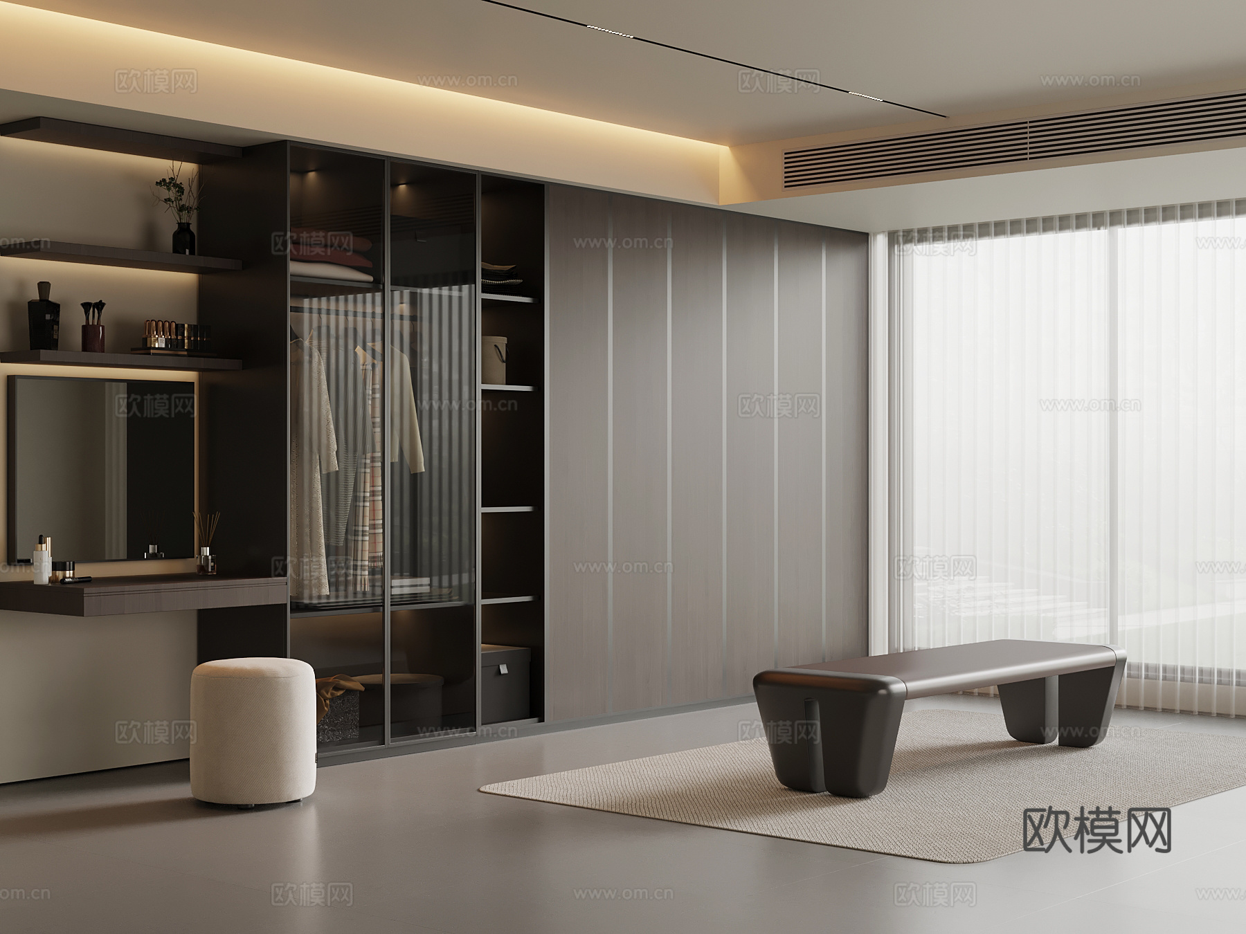 现代意式衣帽间 衣柜 梳妆台 换鞋凳su模型