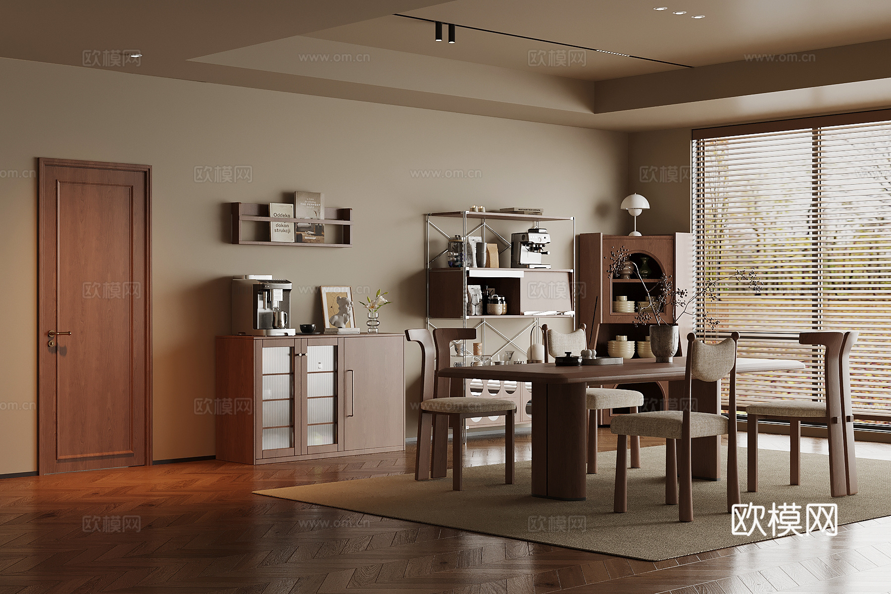 现代中古风餐厅 餐桌椅 餐边柜 置物柜su模型