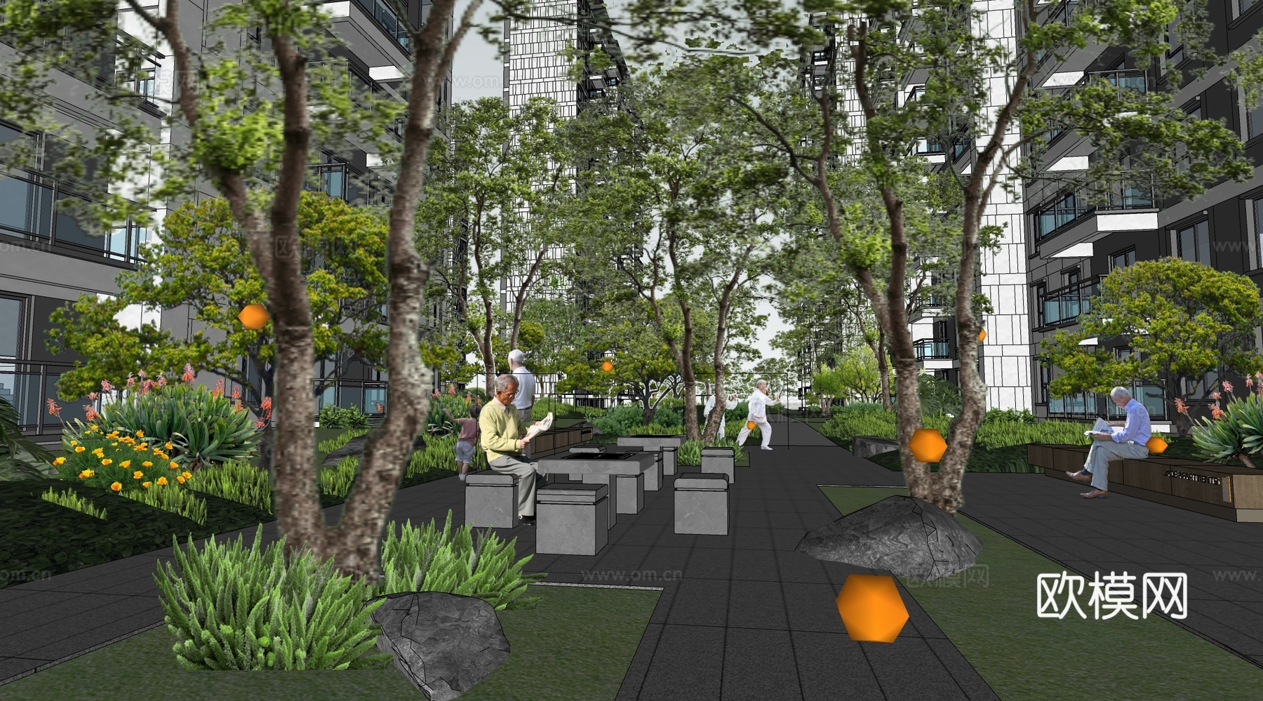 现代小区公园景观 老人活动空间 现代住宅景观 林下空间su模型