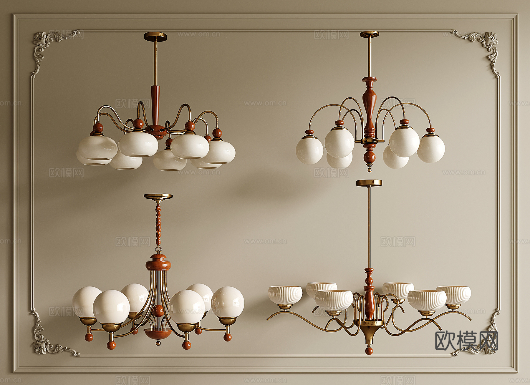 法式复古风吊灯 客厅主灯 卧室吊灯 木质金属吊灯su模型