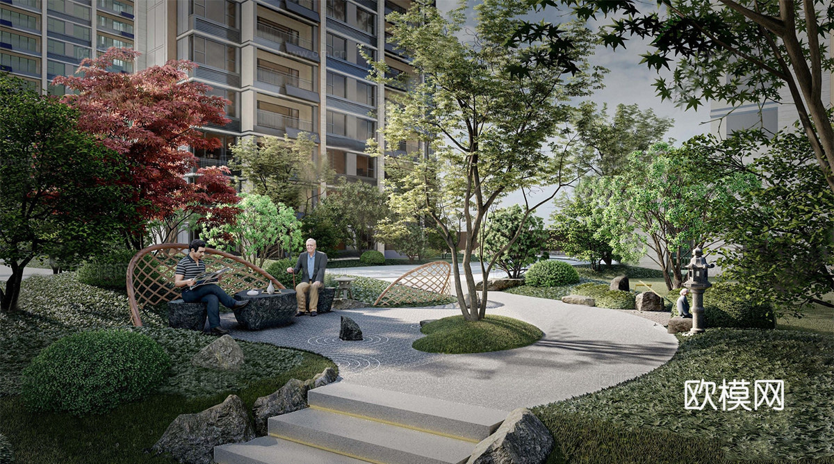 现代公园景观 小区景观 老年健身公园su模型
