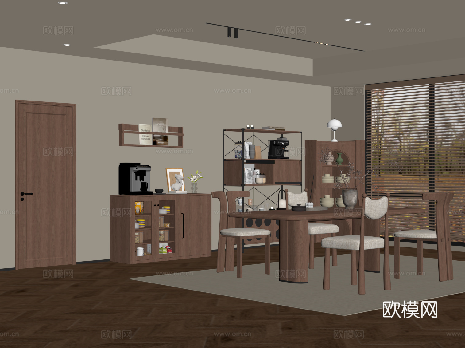 现代中古风餐厅 餐桌椅 餐边柜 置物柜su模型