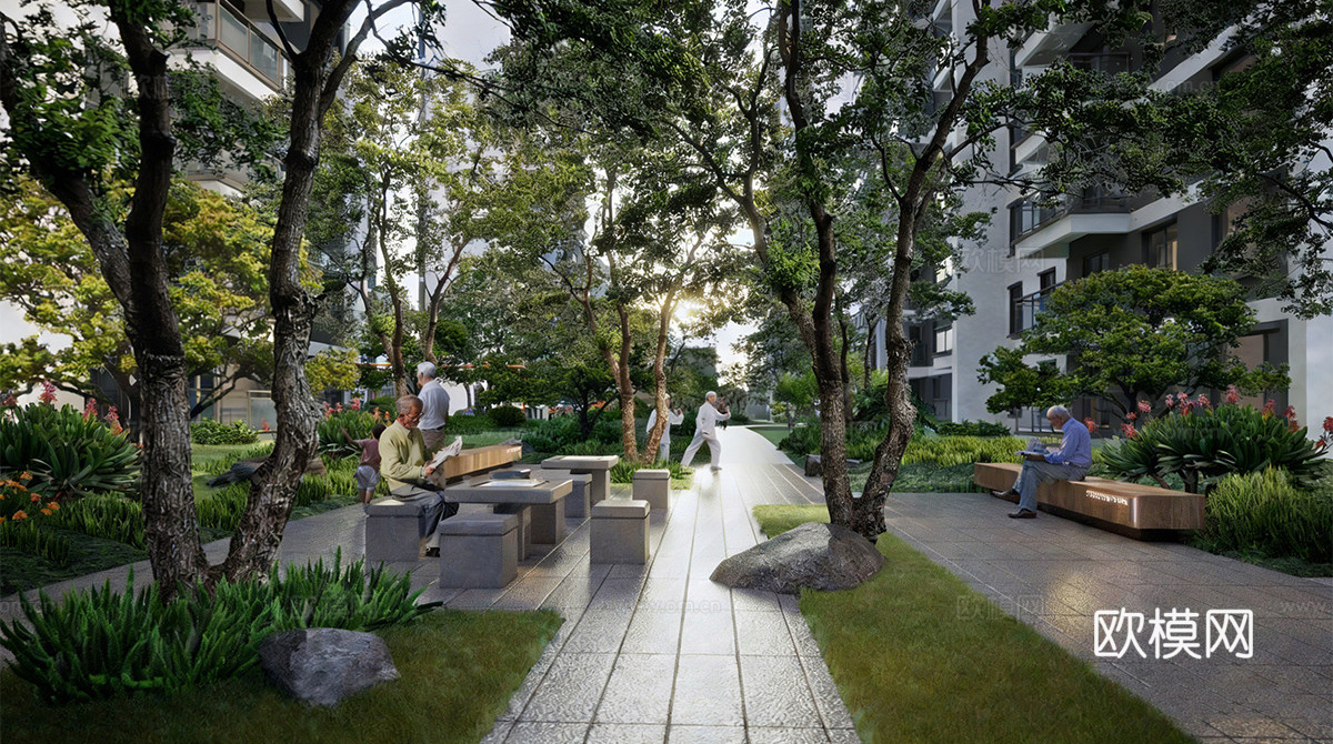 现代小区公园景观 老人活动空间 现代住宅景观 林下空间su模型