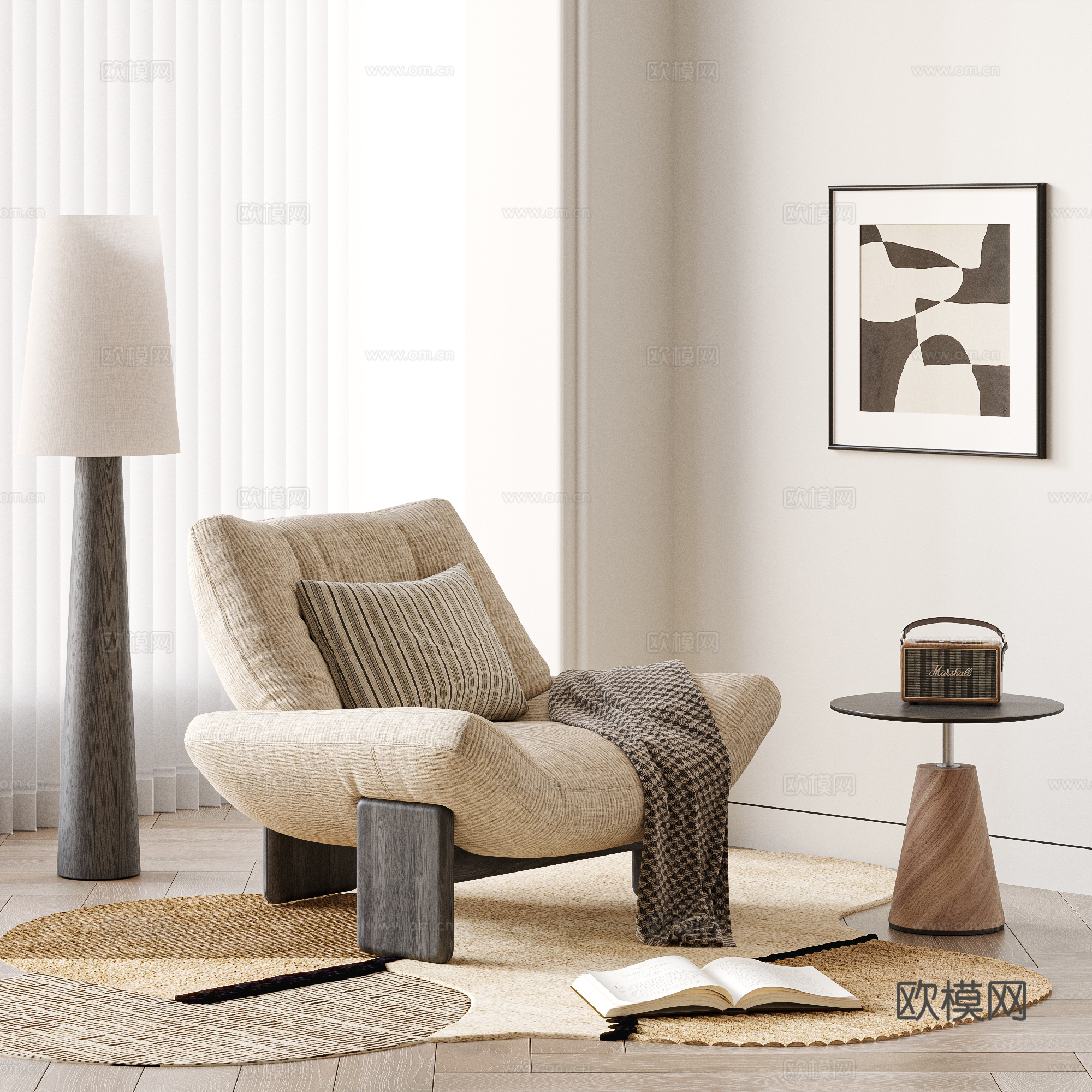 MINOTTI法式中古风休闲椅 沙发椅 单人沙发 边几 落地su模型