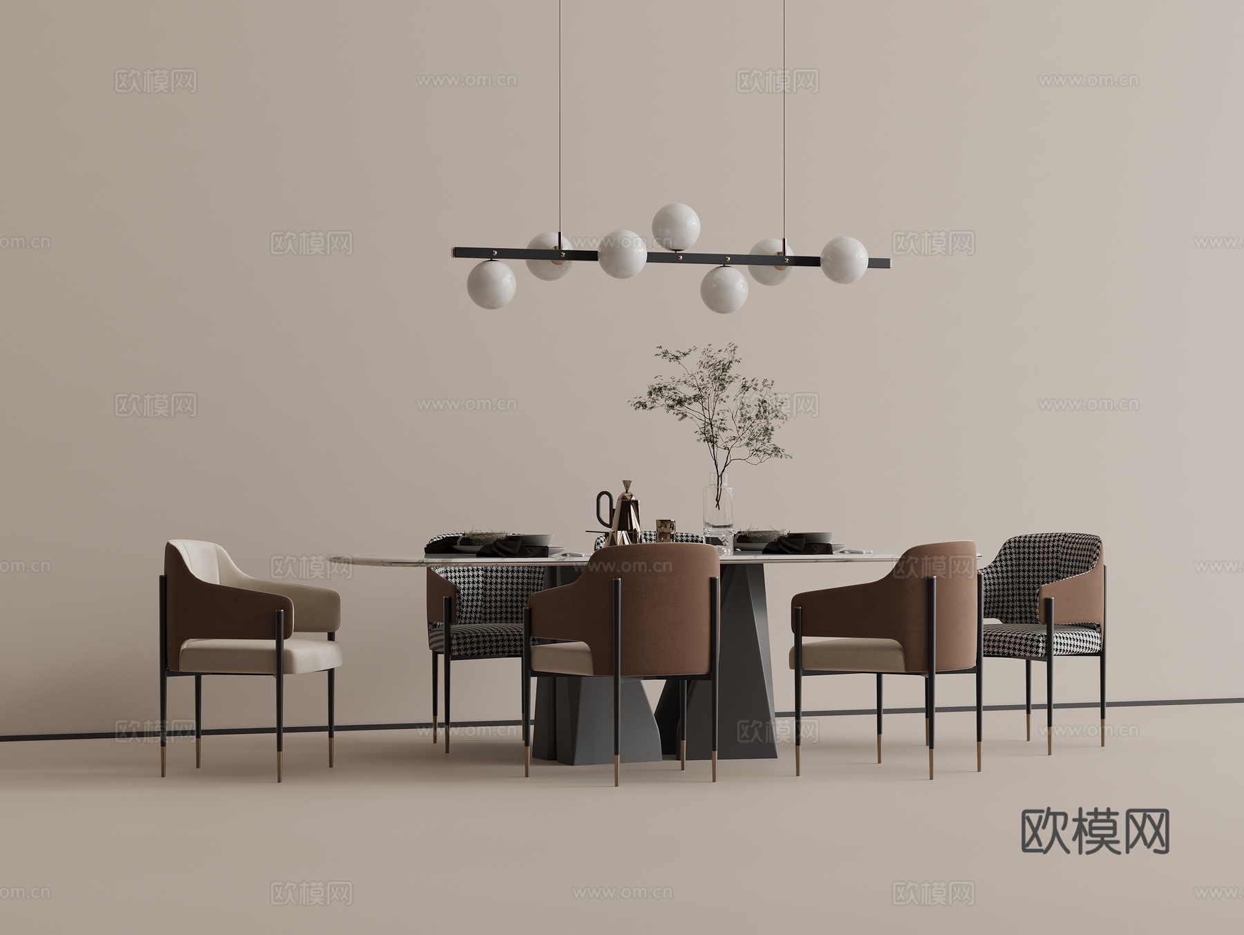 现代餐桌椅组合 大理石圆桌 休闲餐椅 现代吊灯su模型