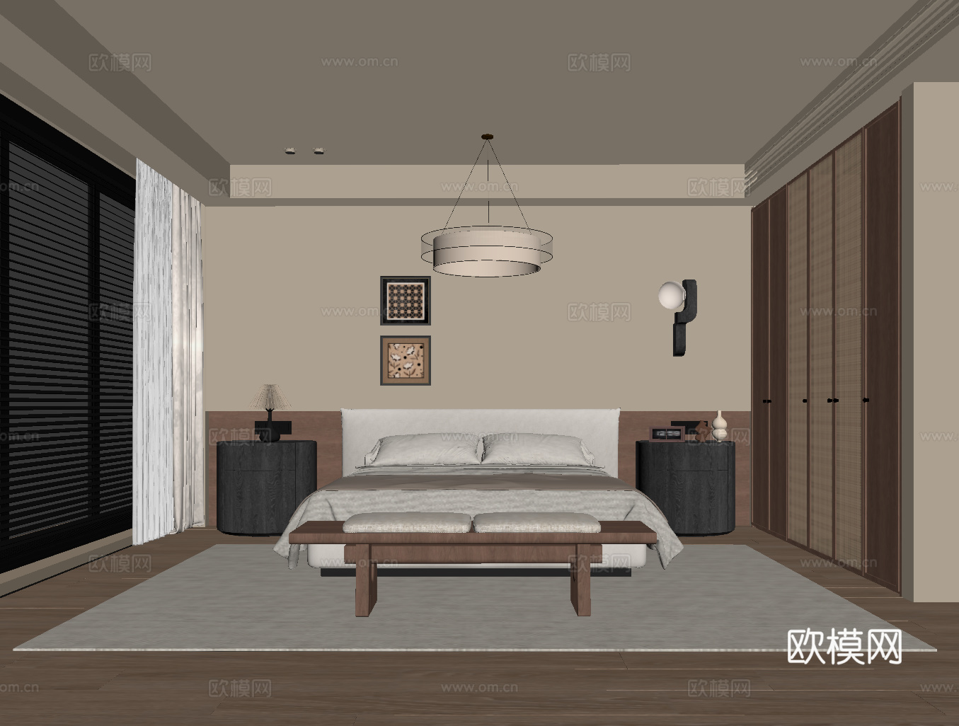 现代中古风卧室 双人床 衣柜 床头柜su模型