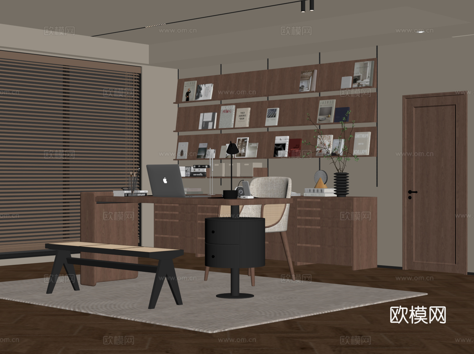 现代中古风书房 书桌椅 书柜 书架su模型