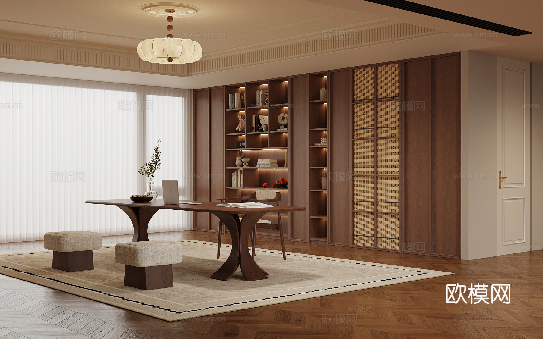中古风书房 书桌椅 书柜 吊灯su模型