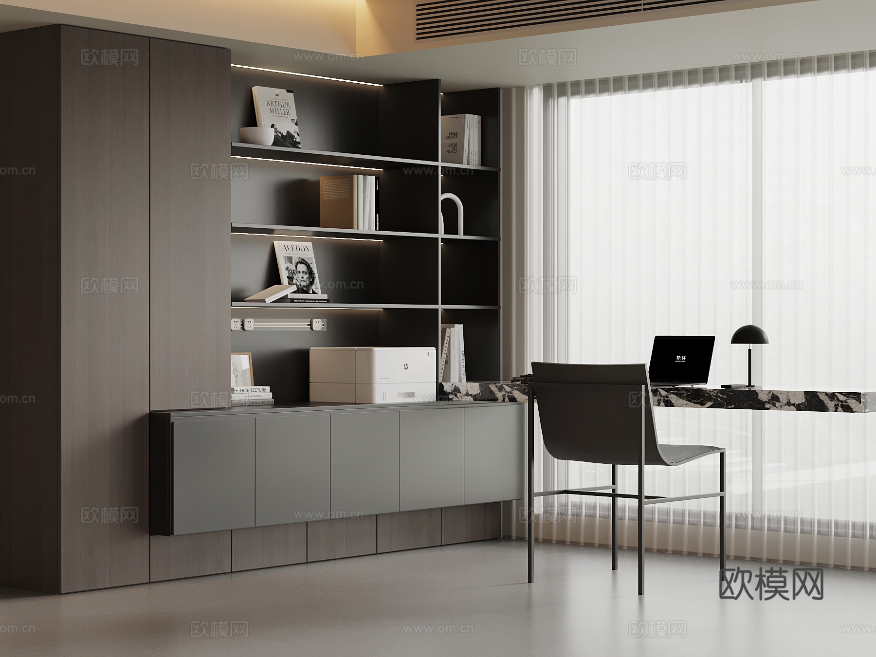 现代意式书房 开放式书房 书柜 置物柜su模型