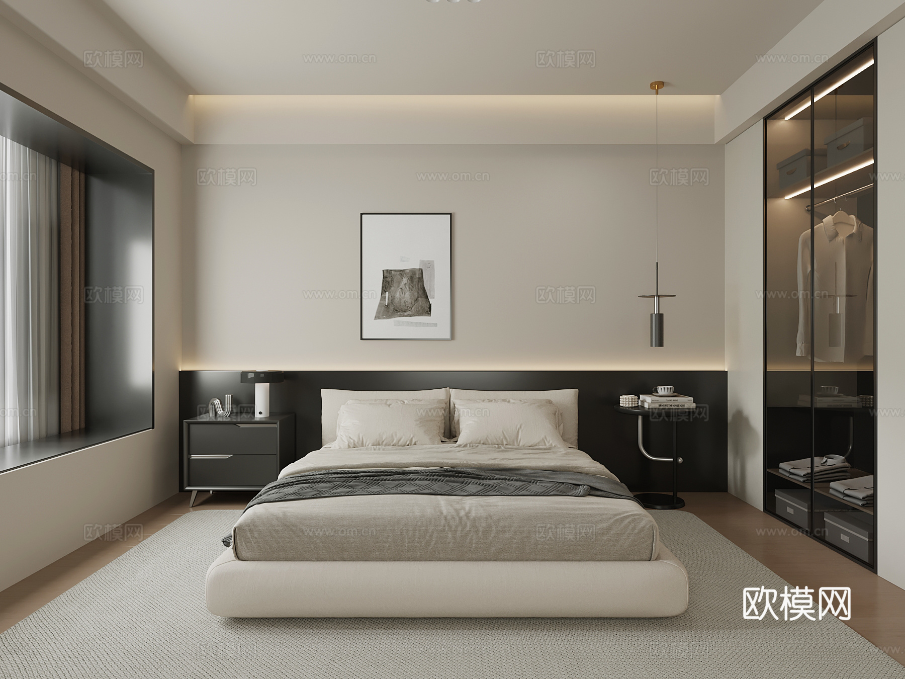现代极简卧室 黑白灰卧室 双人床 床头柜 衣柜su模型