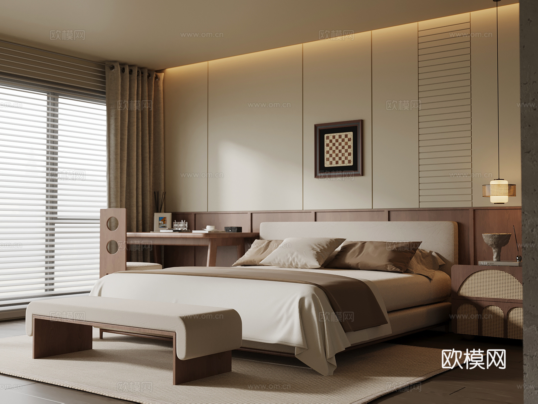 中古风卧室 双人床 书桌椅 床头柜 背景墙su模型