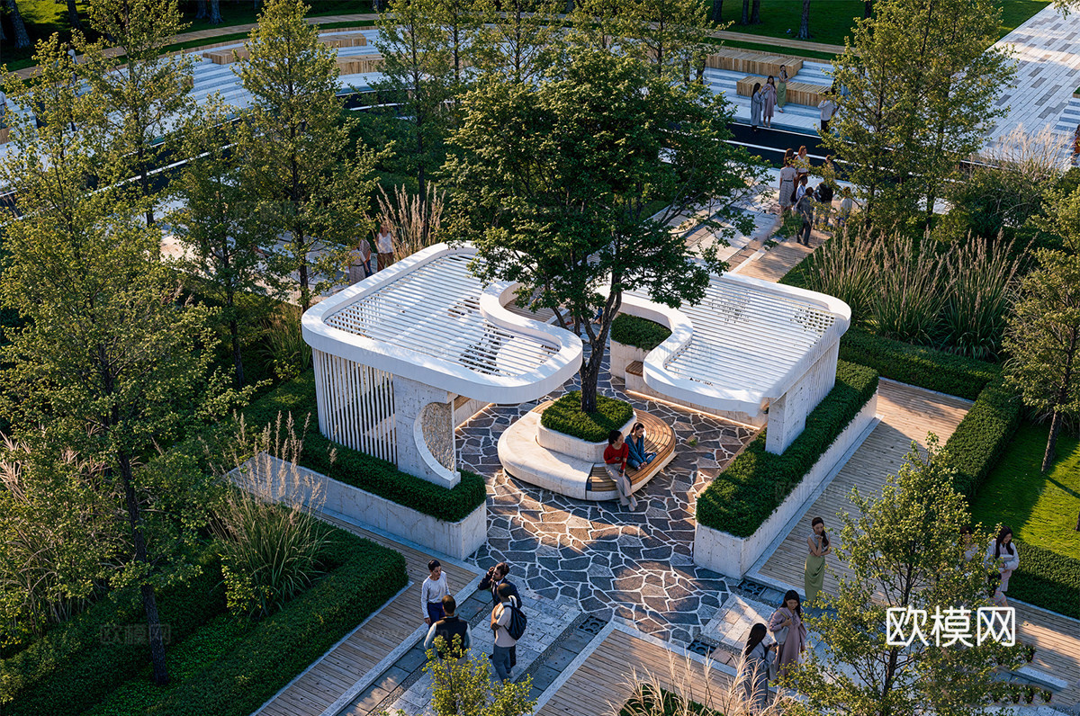 现代口袋公园 口袋公园 景观公园 小公园绿地景观 廊架景观su模型