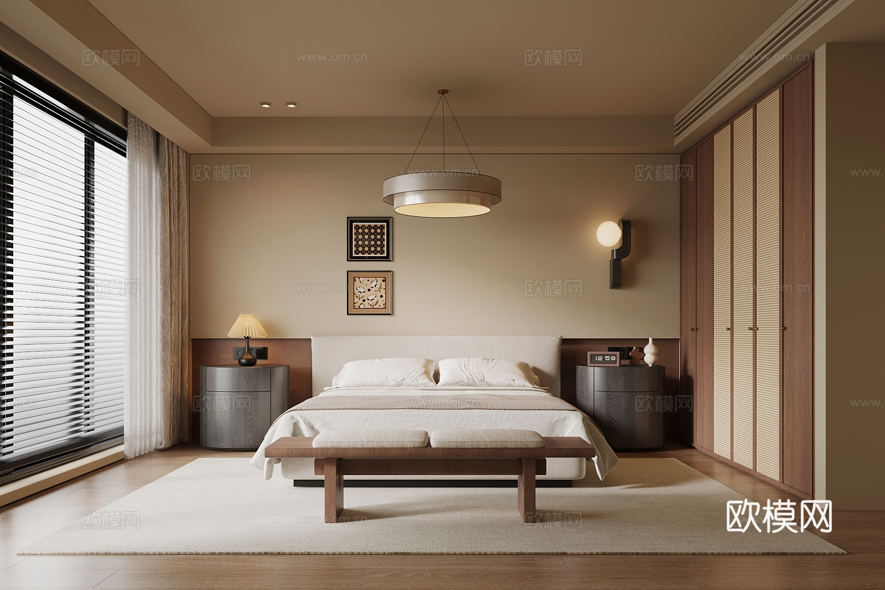 现代中古风卧室 双人床 衣柜 床头柜su模型