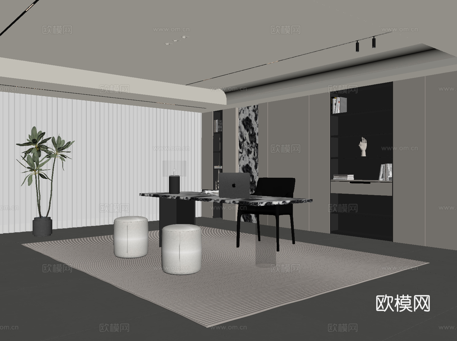 现代书房 书桌椅 书柜 置物柜su模型