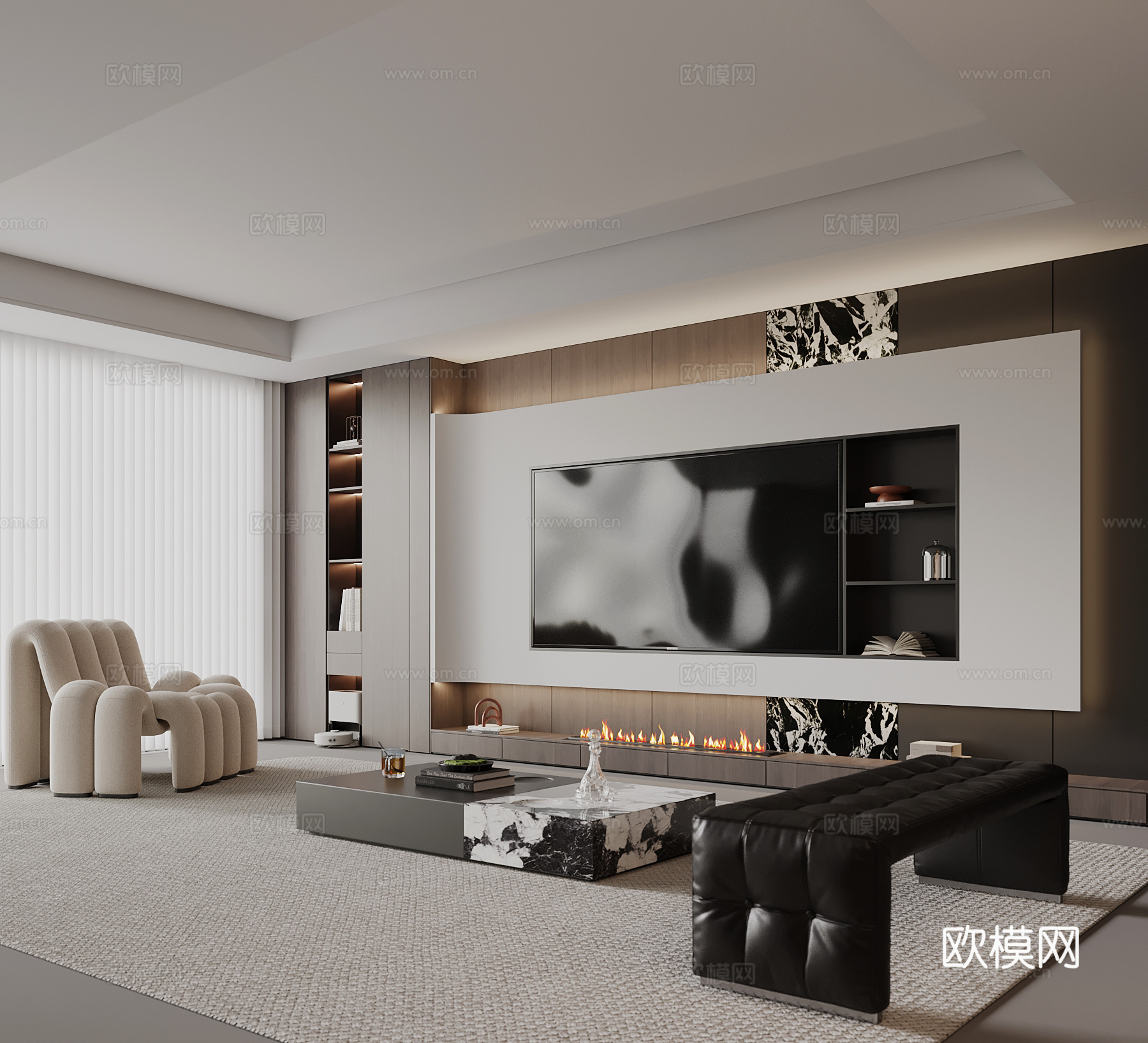 现代意式客厅 电视背景墙 沙发茶几组合su模型