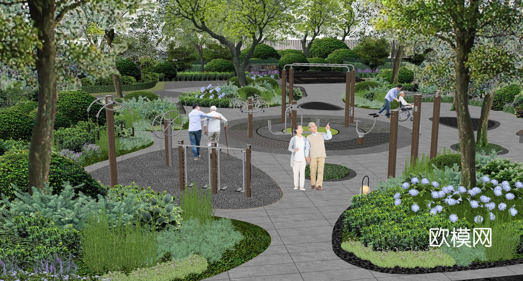 现代景观公园 健身器材 老年健身器材 老年健身区 户外健身器su模型