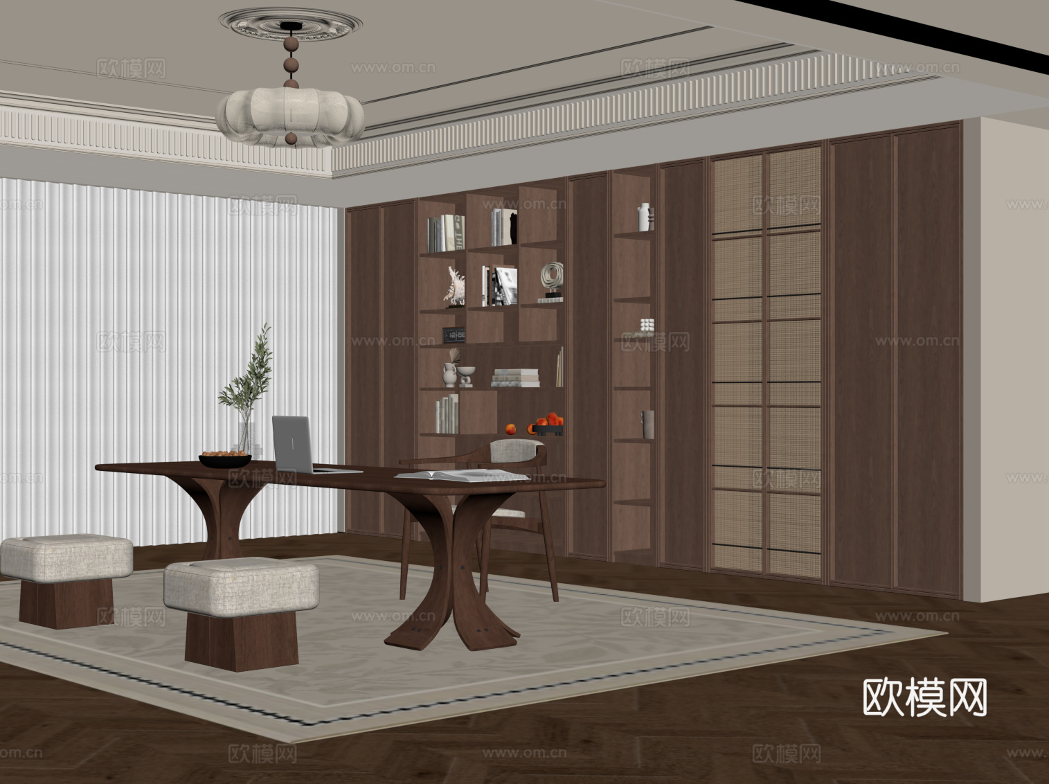 中古风书房 书桌椅 书柜 吊灯su模型