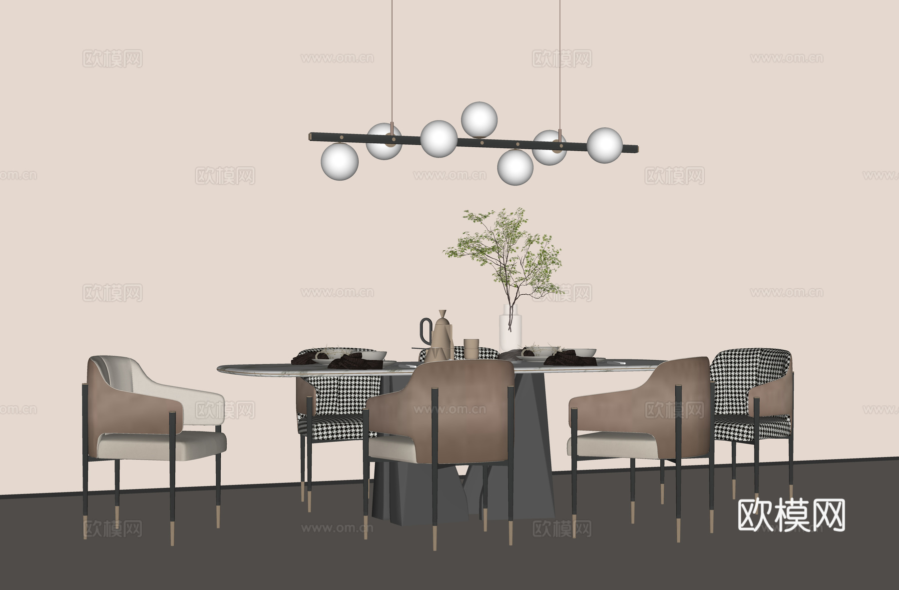 现代餐桌椅组合 大理石圆桌 休闲餐椅 现代吊灯su模型