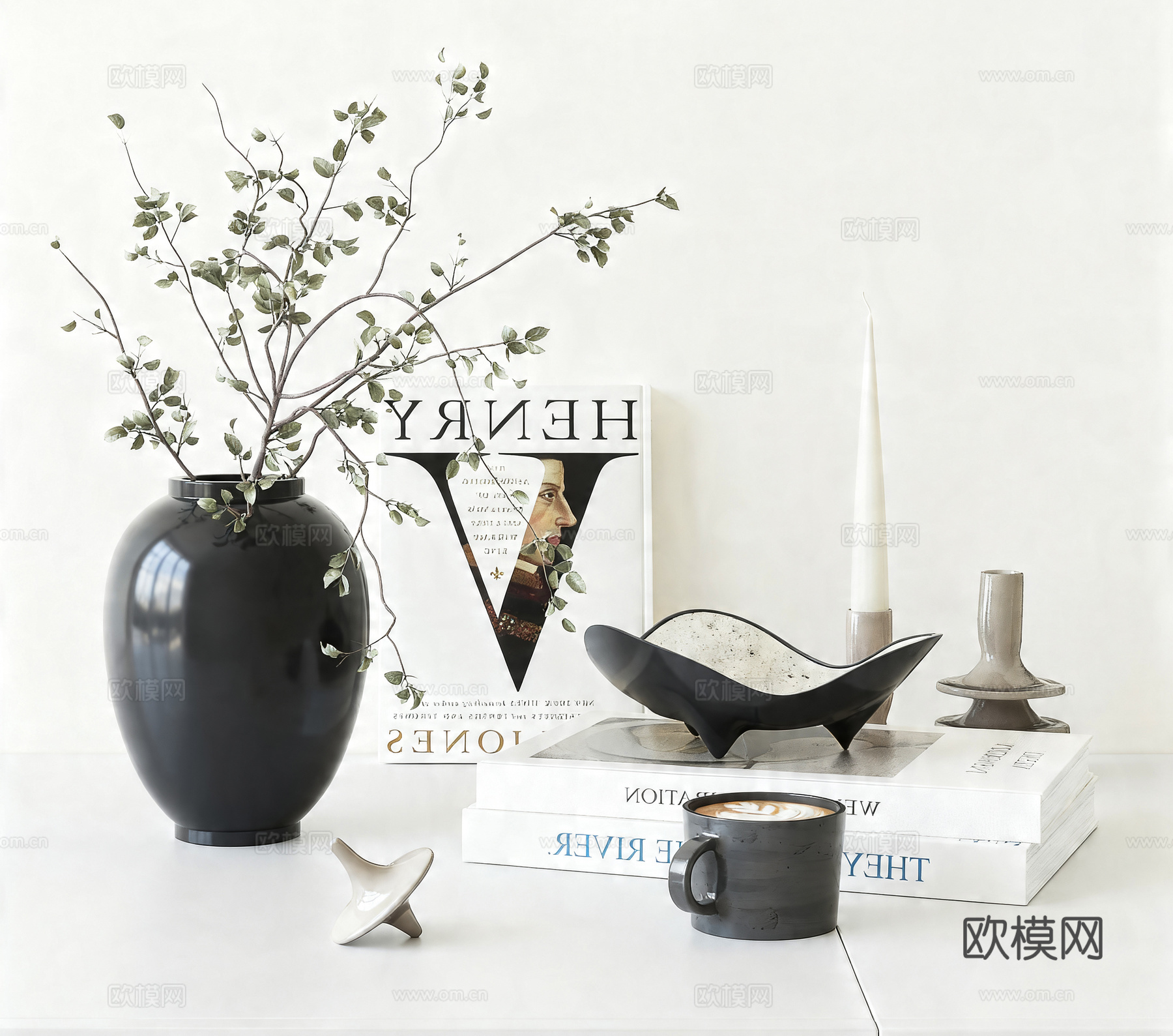 现代简约摆件组合 现代简约摆件 花瓶摆件 茶几摆件 书籍摆件3d模型