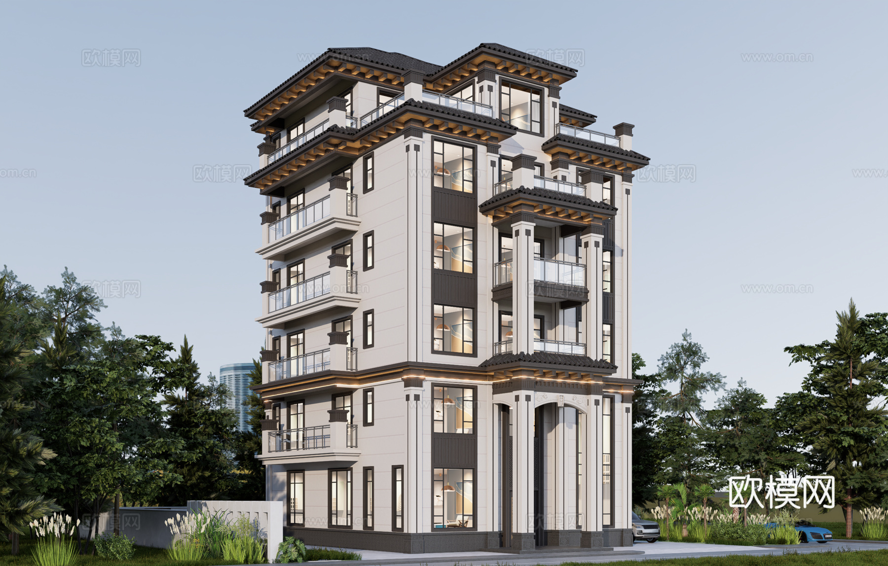 新中式别墅su模型su模型