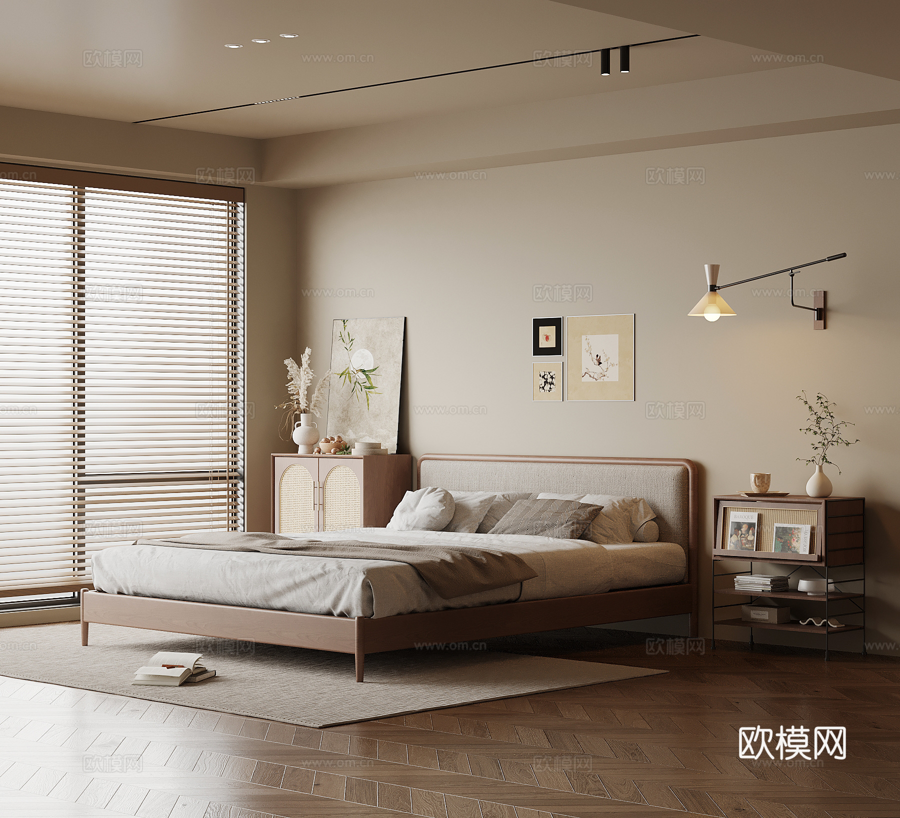 现代中古风卧室 双人床 斗柜 床头柜su模型