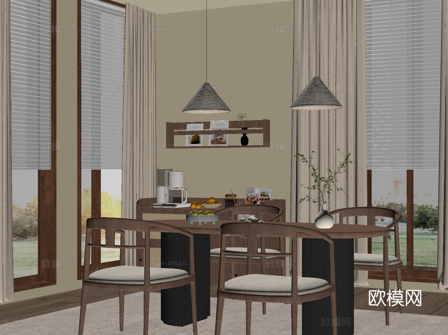 现代中古风餐厅 餐桌椅 餐边柜 置物架su模型