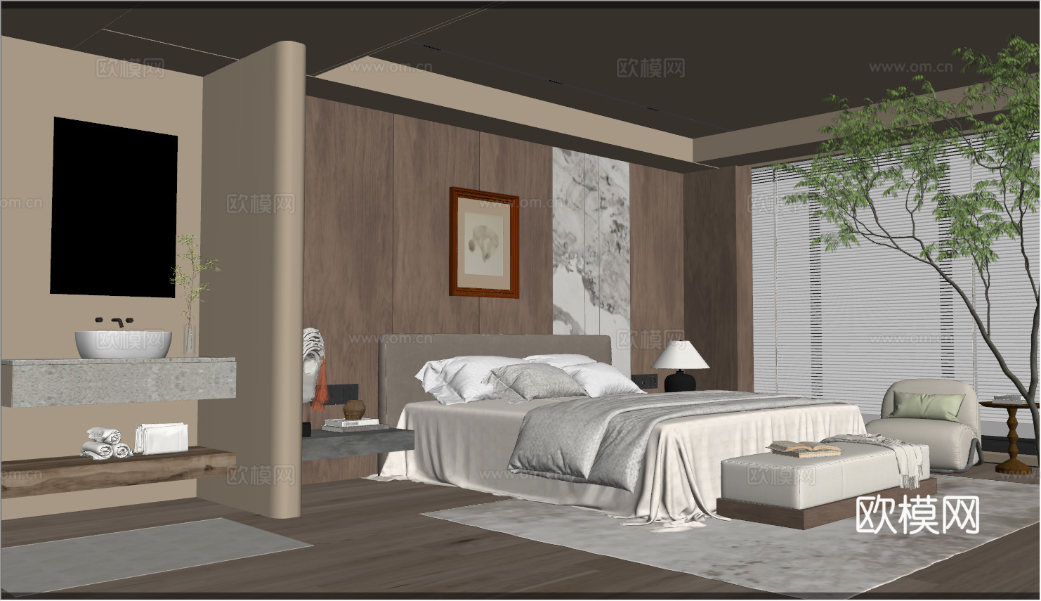 室内家装 卧室 家具 床 别墅 新中式 现代su模型