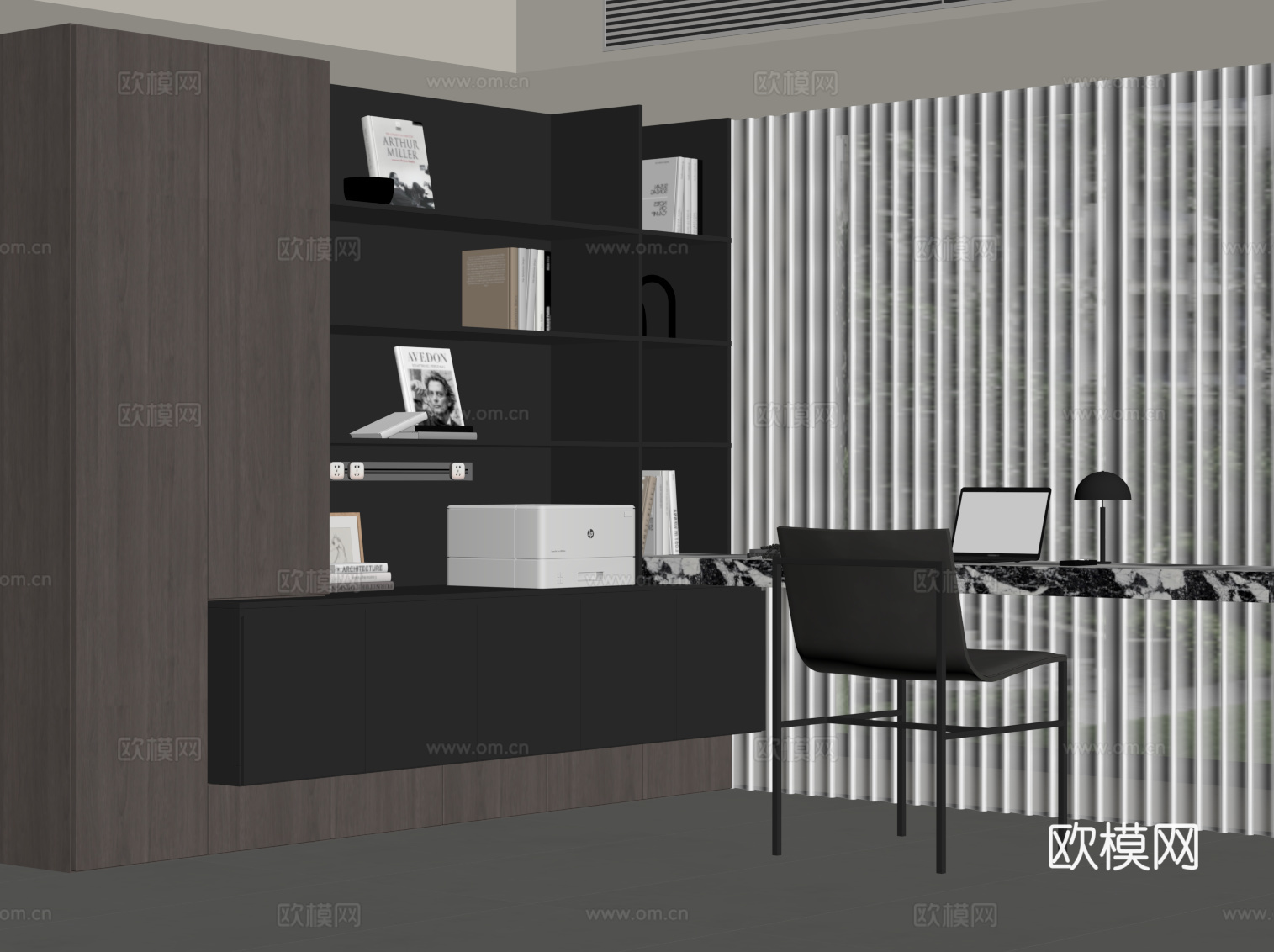 现代意式书房 开放式书房 书柜 置物柜su模型