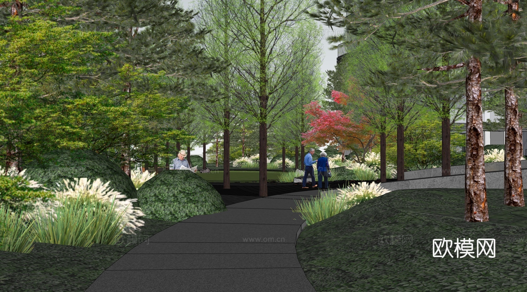 现代禅意小区景观 现代小区 小区宅间巷道 阳光 林下休闲景观su模型