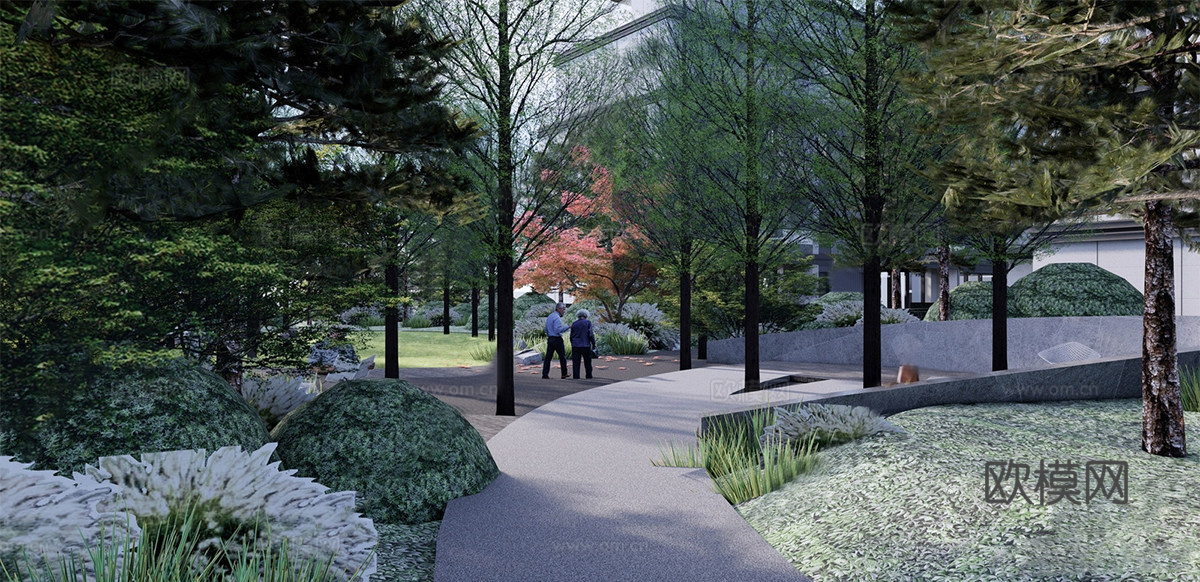 现代禅意小区景观 现代小区 小区宅间巷道 阳光 林下休闲景观su模型