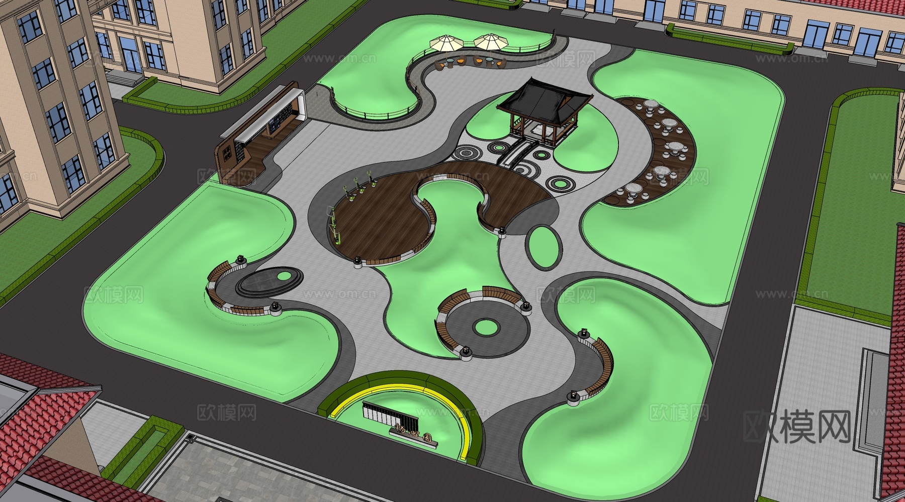 新中式医疗康养景观 新中式康养景观 新中式休憩花园su模型