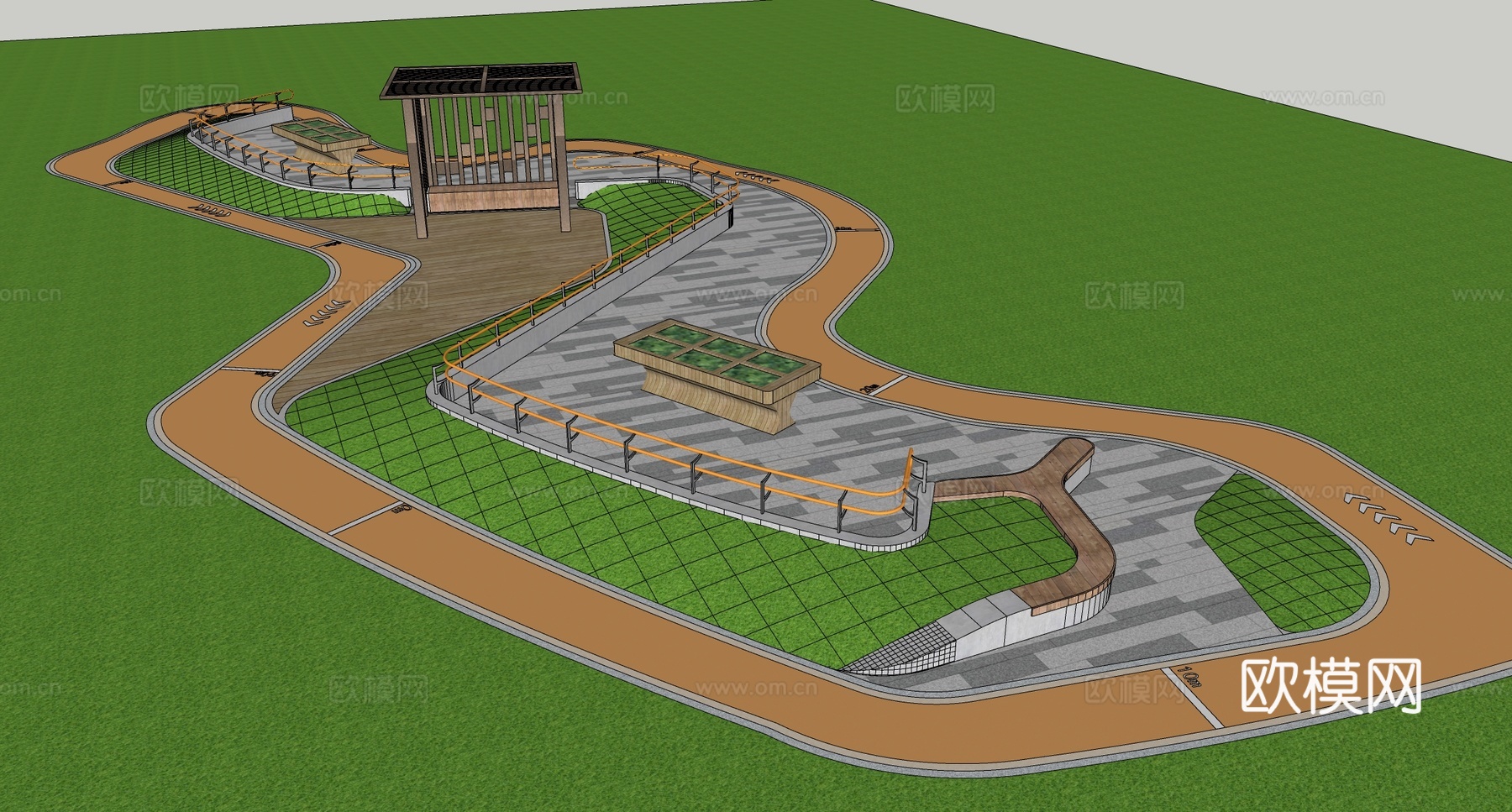 现代景观公园 老年康养小花园 适老化扶手 休闲座椅廊架su模型