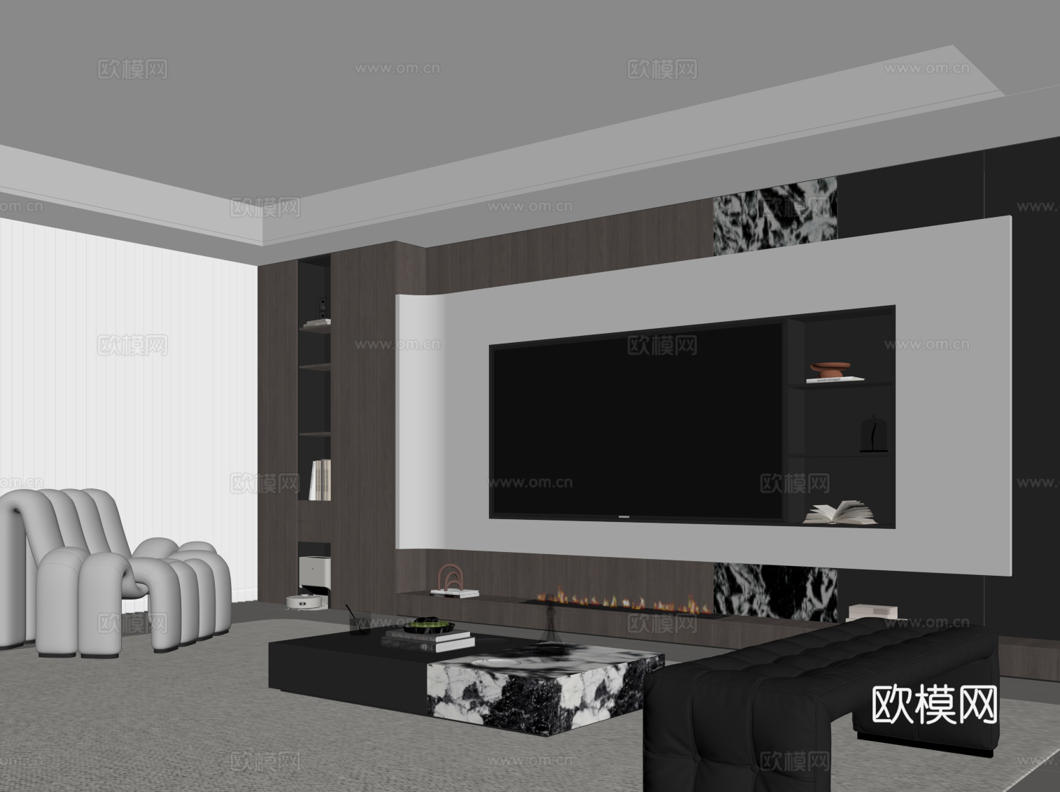 现代意式客厅 电视背景墙 沙发茶几组合su模型