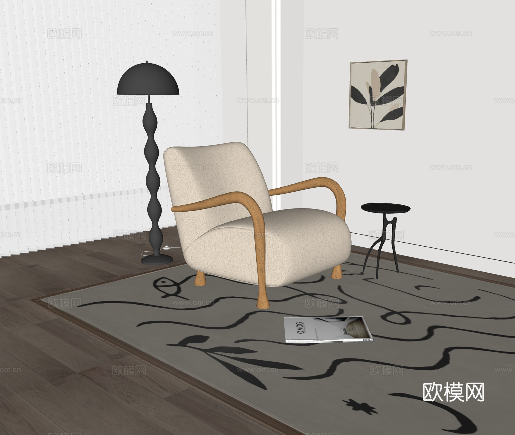 中古风毛绒单人沙发 休闲椅 沙发椅 单人沙发 边几 落地灯su模型